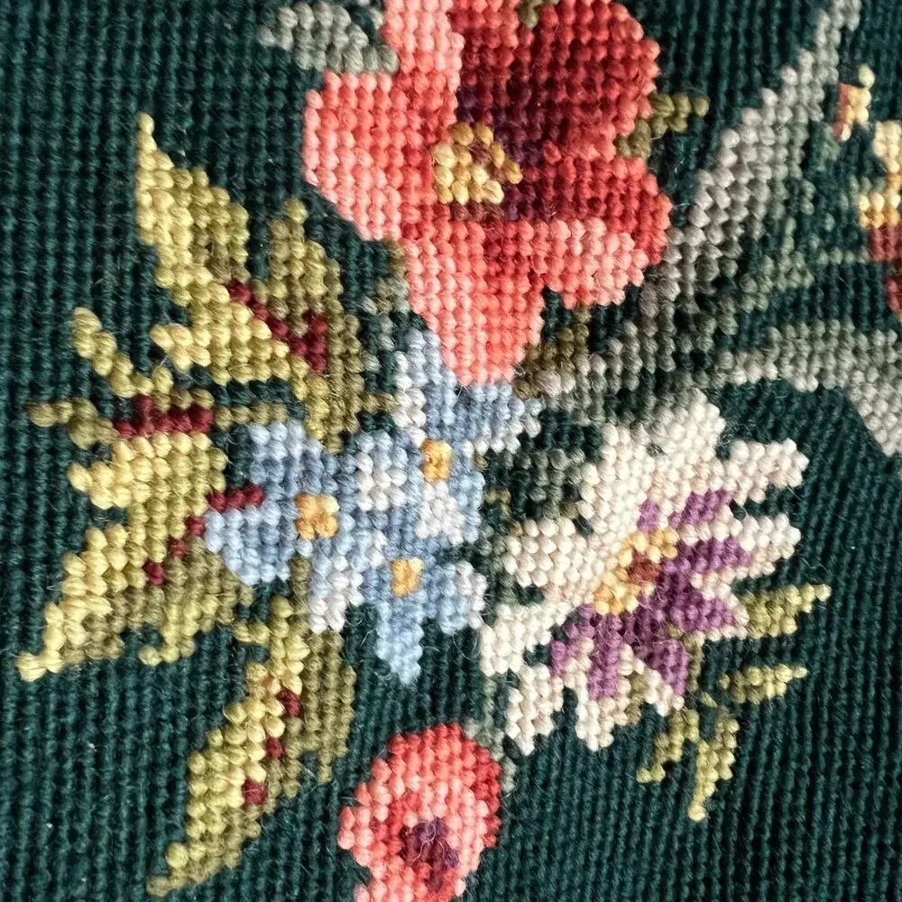 Vintage 60s Emerald Green Floral Needlepoint Panel Art Cottagecore Embroidered